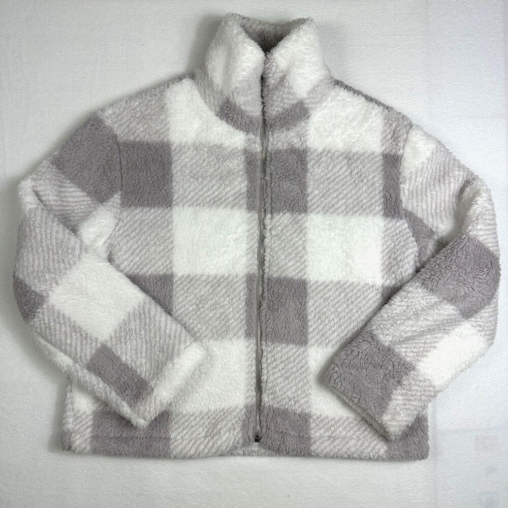 Pink Lily Women's XL Grey White Buffalo Plaid Sherpa Fleece Zip Jacket